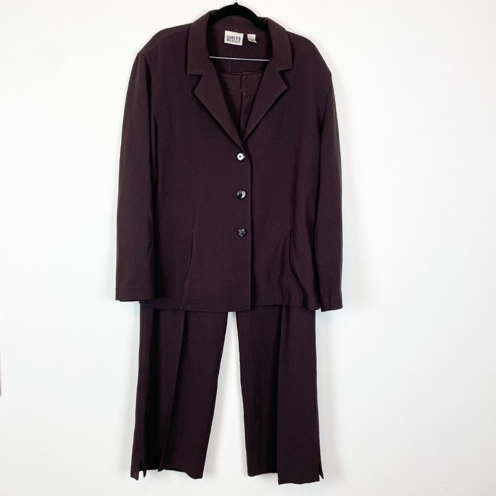 Chico's Suit Pants 12 Blazer 16 Brown Textured Oversized‎ Career Pant suit Set